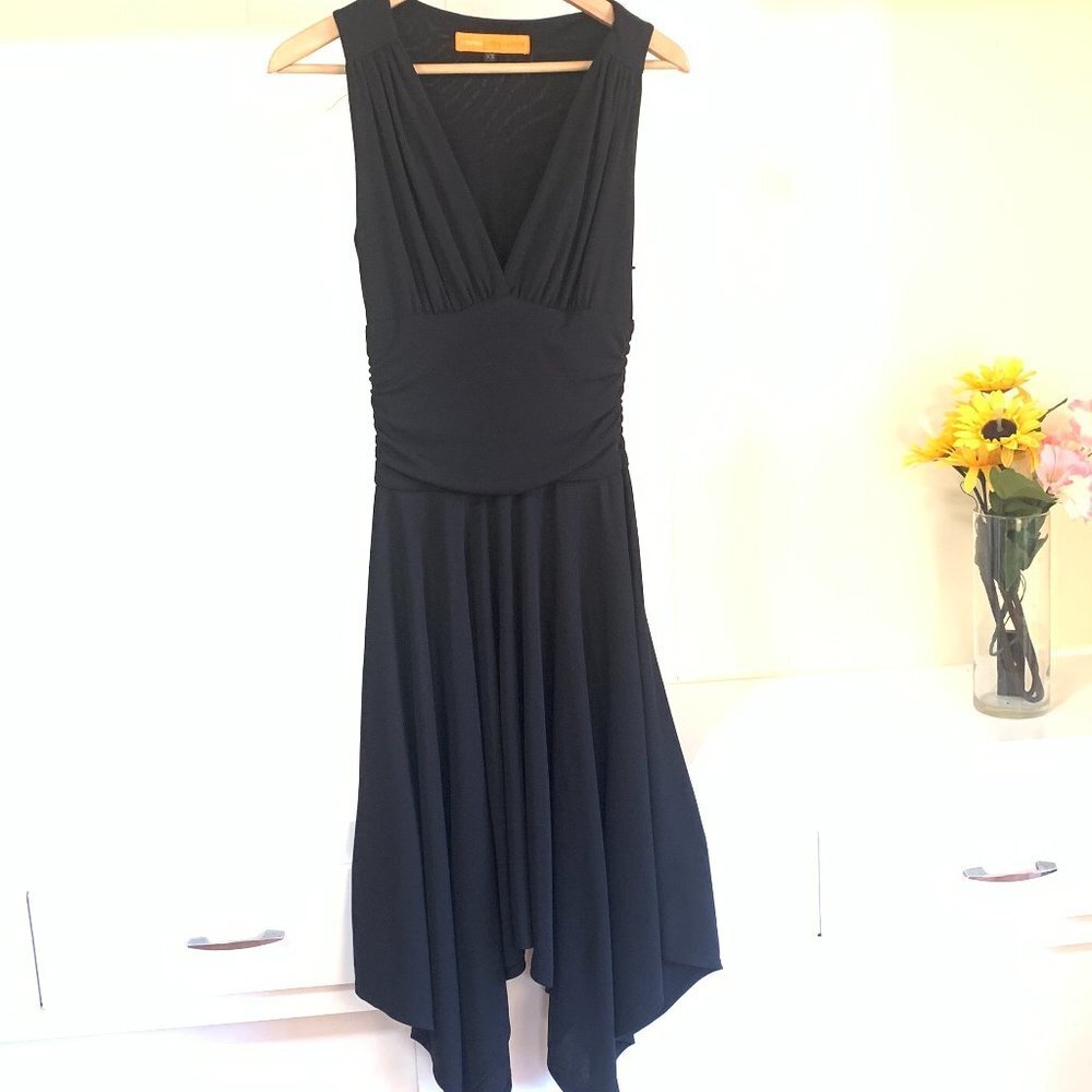 CYNTHIA STEFFE BLACK RAYON ASYMMETRICAL HEM SLEEVELESS COCKTAIL SEXY DRESS XS